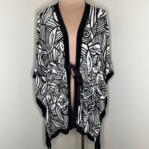 Chico's Travelers Poncho Cardigan M/L Womens Floral Abstract Kimono Tie Black